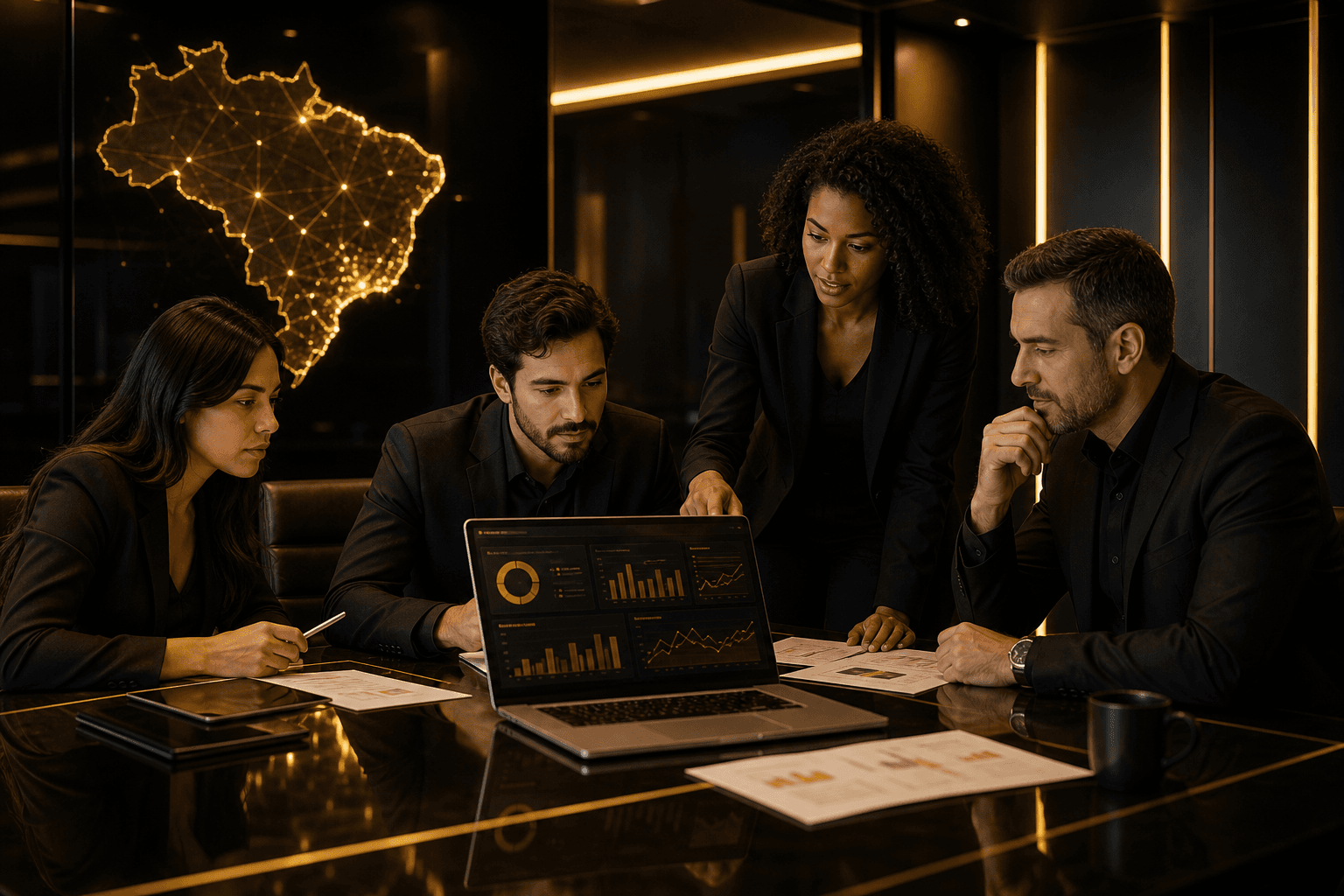 Equipe colaborando em ambiente corporativo com iluminação dourada